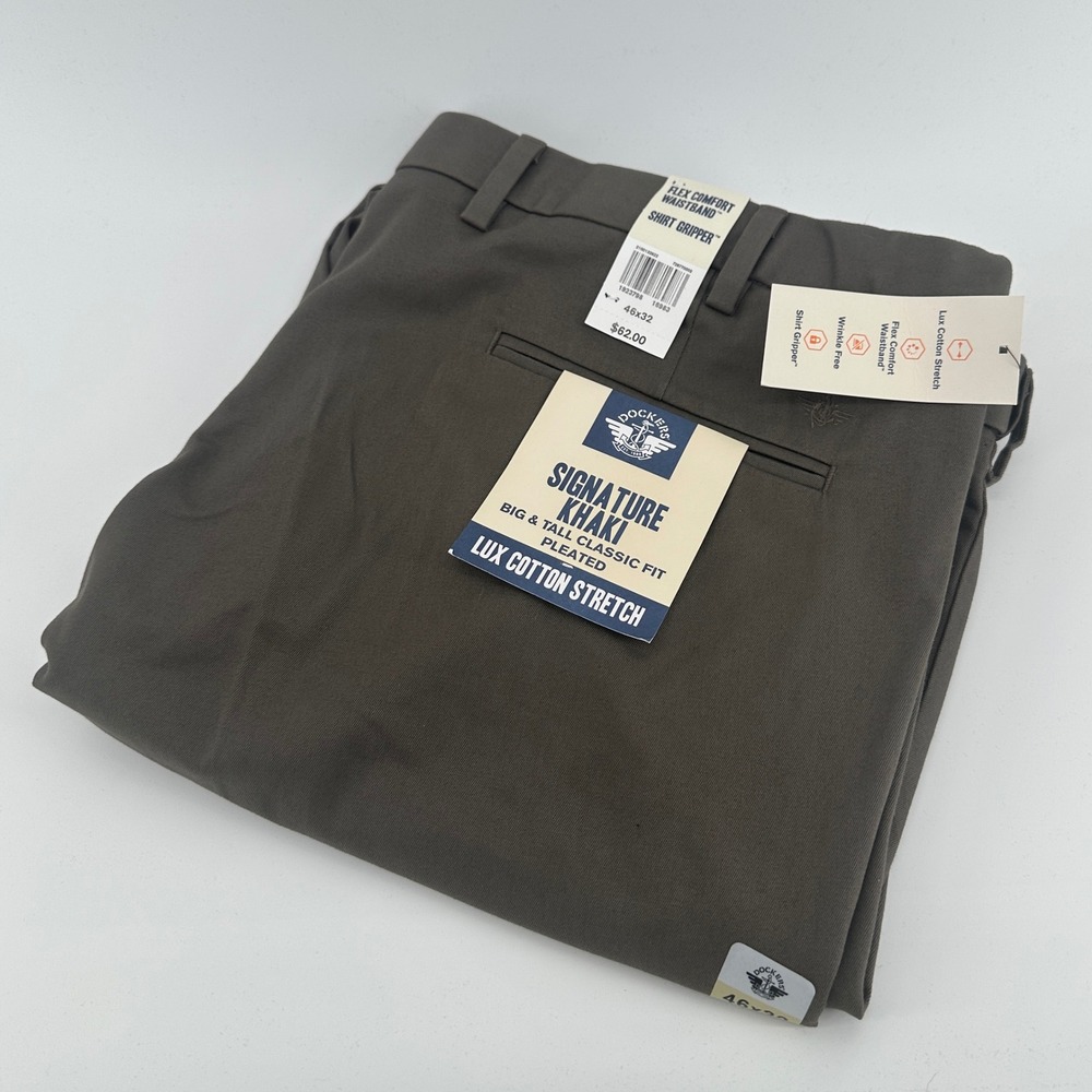 Dockers Pants Signature Khaki Mens 46x32 Brown Solid Classic Fit Pleated New